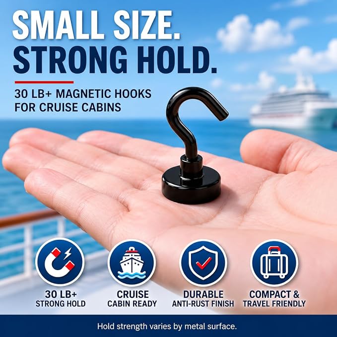 Neosmuk Magnetic Hooks, Cruise Ship Essentials, 32lb+ Heavy Duty Magnetic Hooks for Cruise Cabins, Refrigerator, Grill, Hanging, and Travel | Extra Strong Must-Haves Magnet Hook,Black