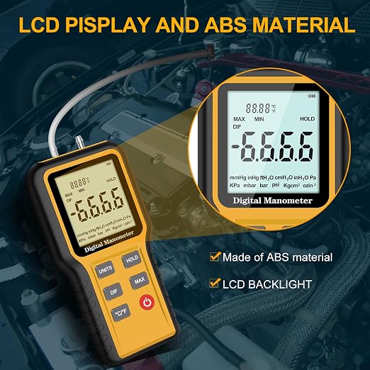 Manometer, Professional Air Pressure Meter, Dual-Port HVAC Digital Manometer Gas Pressure Tester,12 Selectable Units Differential Pressure Gauge, (Included Battery)