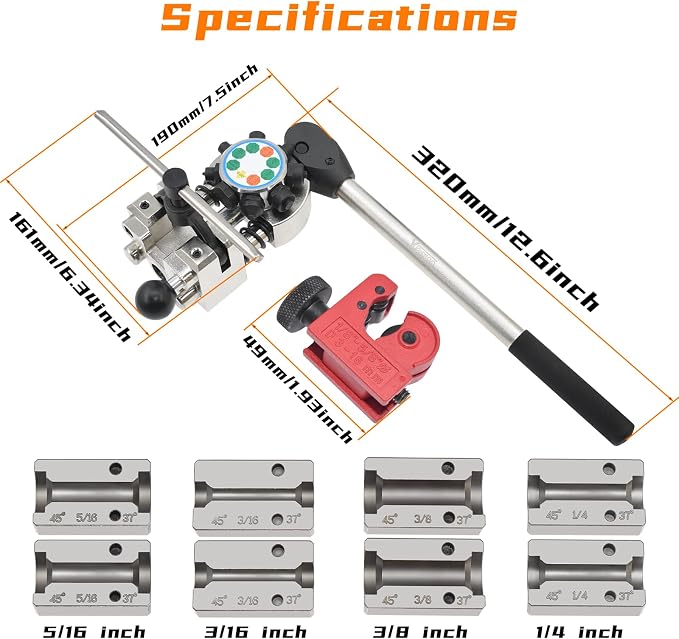 Brake Line Flaring Tool Kit, 45 Degree Single, Double and Bubble Flares, Brake Line and Tubing Flaring Tool for 3/16", 1/4", 5/16", 3/8" and 4.75mm Diameter Lines, Brake Flaring Tools