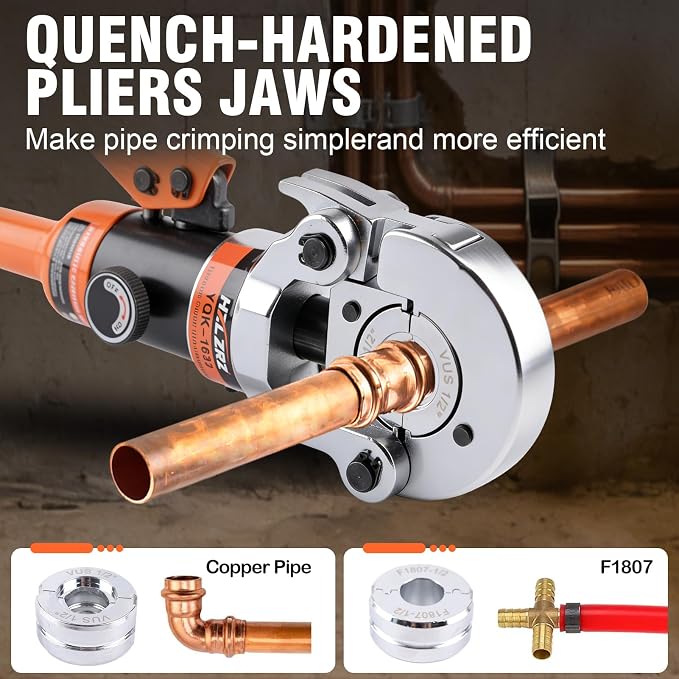 HZLZRZ Pro Press Copper and PEX Pipe Crimper Kit: 8 dies Set with Dies for 1/2" 3/4" 1" Copper Pipe ASTM F1807 PEX Copper Rings (5 Sizes 3/8" to 1"), Professional Tool for Plumbing Systems(YQK/1632B)