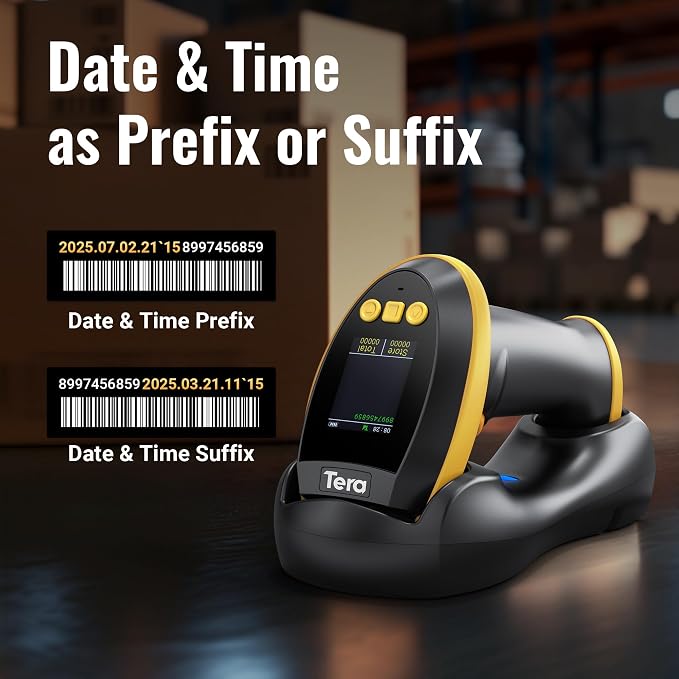 Tera Barcode Scanner Wireless with Screen: Pro Version 1D 2D QR with Setting Keypad Charging Cradle Works with Bluetooth 2.4G Wireless USB Wired Handheld Bar Code Reader HW0009 Yellow
