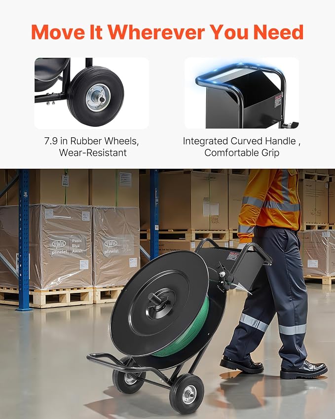 VEVOR Banding Strapping Cart, for PET/PP Coils with 8" or 16" Core, Heavy Duty Strapping Dispenser with Upgrade Drum Brake System, Rubber Wheels and Built-in Spacious Tool Tray, 110 lbs Capacity