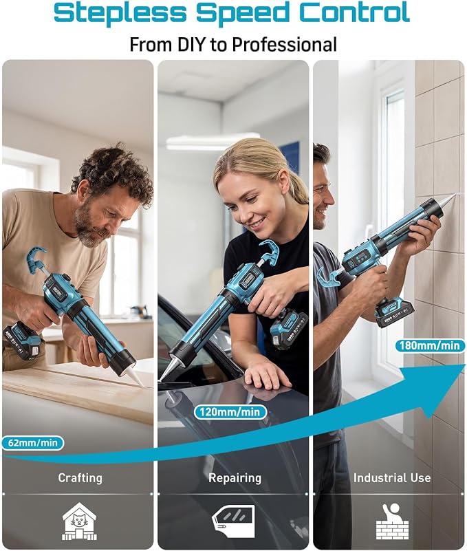 SEESII Electric Caulk Gun, Cordless Caulking gun w/2 x 2.0Ah Batteries, Battery Power Caulking Gun with Brushless Motor & LED Light, Filling and Sealing for Doors Floors Walls Window, 10 Oz