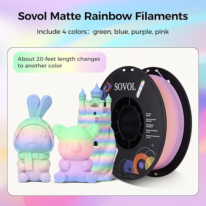 Sovol 3D Printer Matte Multicolored Fast Change Rainbow PLA 1kg (2.2 lbs) Spool 3D Printing Materials, Dimensional Accuracy +/- 0.03 mm, 1.75 mm, Matte Macaron Rainbow