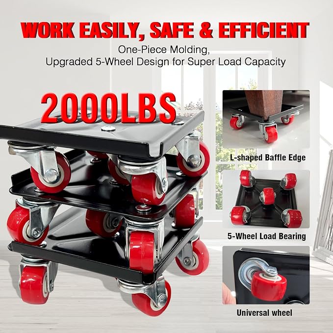 Furniture Dolly,4.1" Carbon Steel Panel Heavy Duty Dolly,with 5 360°Rotatable Rubber Universal Wheels,Non-Slip Sliders & Lifter,2000Lbs Load Capacity, Furniture Lifter for Sofa, Piano, Appliances