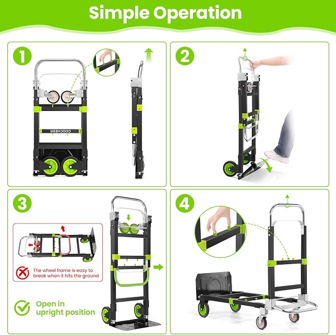 3-in-1 Convertible Heavy Duty Folding Hand Truck Dolly, 600LB Capacity with Rubber& Wheels Telescoping Handles, Portable Collapsible Cart for Warehouse, Supermarket, Office (Green)