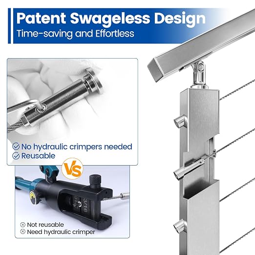 [Patent] Muzata 10 Pack 1/8" Swageless Invisible Cable Railing Kit Hardware Swageless Fittings Tensioner Hidden for 2"x2" Metal Post T316 Stainless Steel Deck Cable Railing System CB04