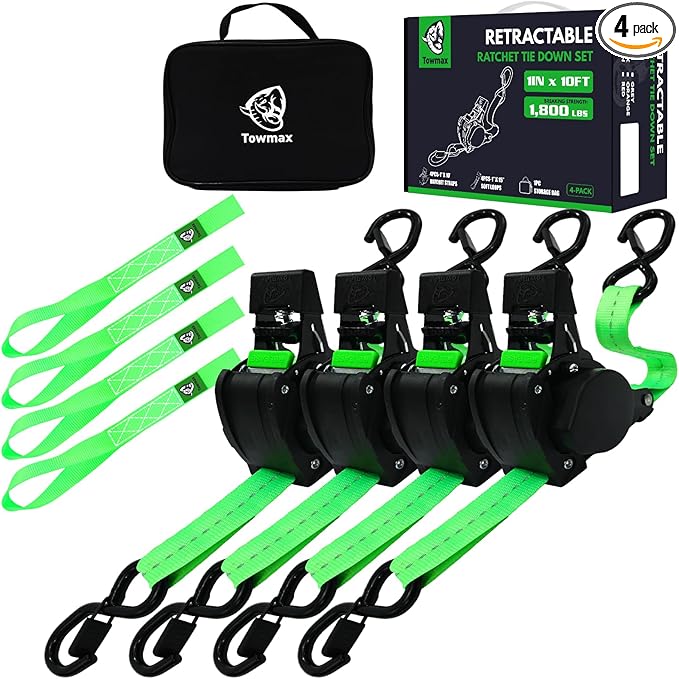 Retractable Ratchet Straps (Patented-4pack) - 1 inch x 10Feet (1,800lb Break Strength) Auto Self Retracting Tie Down Straps - Self Retractable Straps with Refletcive for Motorcyle, Truck or Cargo