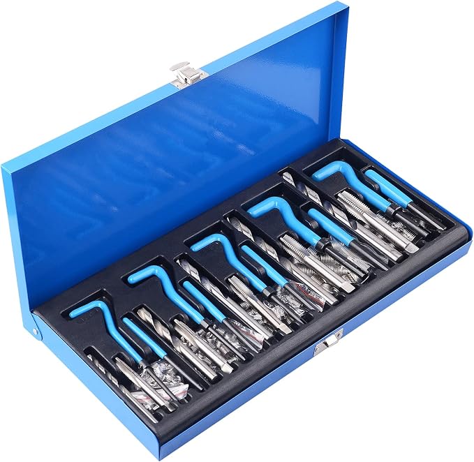DAYUAN 131Pcs SAE Thread Repair Kit, HSS Drill Helicoil Kit Standard | SAE 1/4"-1/2" Sizes，Repairs Stripped & Damaged Threads，High-Speed Steel Tools，45# Steel Inserts，Storage Case