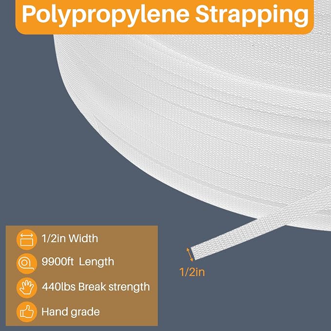 Amylove 1/2 Inch Polypropylene Strapping Roll, 9900 ft, White | Heavy Duty, 440 Lbs Break Strength, For Banding Packing, Industrial Machine Use