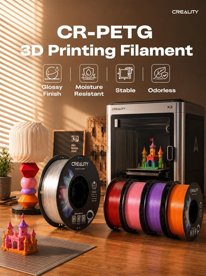Creality PETG 3D Printing Filament 1.75mm, Excellent Toughness High Precision, Odorless Non-Toxic Moistureproof, 1kg(2.2lbs) Glossy PETG Filament for 3D Printer (Transparent)
