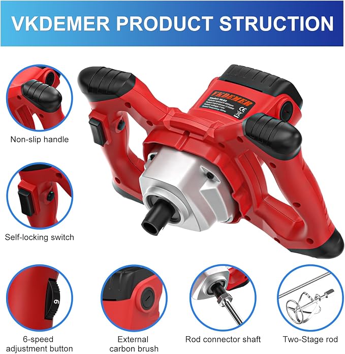 Electric Handheld Cement Mixer, 2pcs Mixing Heads Included, Portable Mortar Mixer with 6 Adjustable Speed, 110V Mud Mixer for Mixing Plaster,Cement, Paint, Fodder