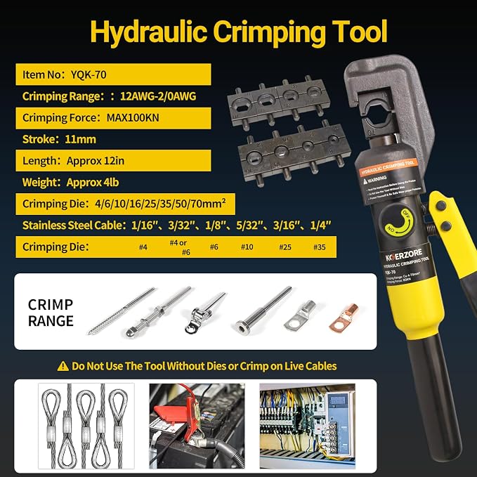 10 Ton Hydraulic Crimping Tool Kit with 8 Dies, Professional Wire Crimper for 12 AWG to 2/0 AWG, Battery Cable and Stainless Steel Wire Rope for Wire Rope, Battery Cable Ends Ring Terminals