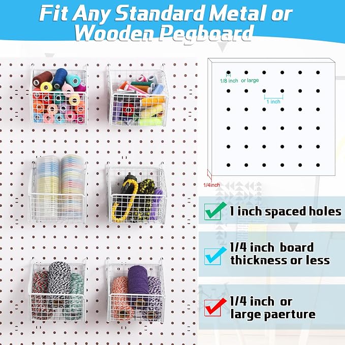 Reallnaive 6 Pack White Pegboard Baskets Metal Wire Shelf Baskets 5.1 x 5.1 x 3.5 in Peg Board Organizer Accessories Wall Mount Organizer Bins for Tool Storage Craft Room Garage Small Parts Workbench
