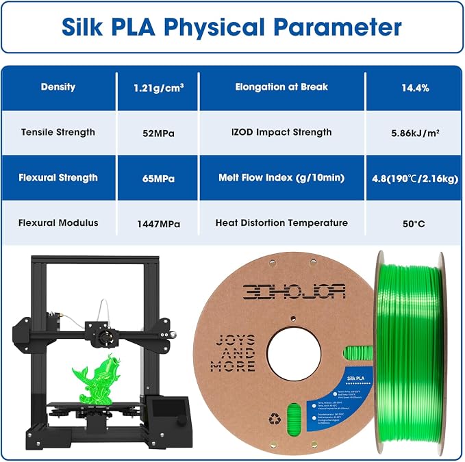 3DHoJor Silk PLA Filament 1.75mm, Silk PLA 3D Printer Filament, 2.2 LBS (1KG) Cardboard Spool, Fit Most FDM 3D Printer,Green