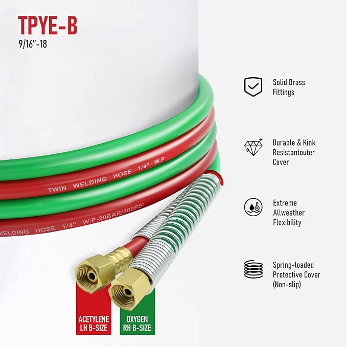 RX WELD 25 Feet 1/4" Oxy Acetylene Welding Hose with 9/16"-18 B Fittings | Grade R, Rubber, Twin-Line Torch Hose