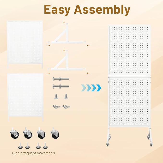 Metal Pegboard Display Stand 66" x 24”, Pegboard Shelf with 30 Hooks, 4 Wheels and 4 Leveling Feet, Peg Board Panels Display Rack for Retail Store, Craft Show, Garage, Jewelry Organizer, White
