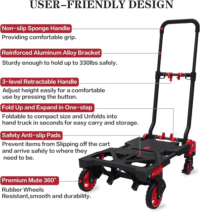 Folding Hand Truck 330lbs Capacity Heavy Duty Dolly Cart with 2 Elastic Bungee Rope,4 Rubber Wheels,Retractable Handle,Convertible Portable Cart Luggage,Travel,Moving,Shopping,Office Use.