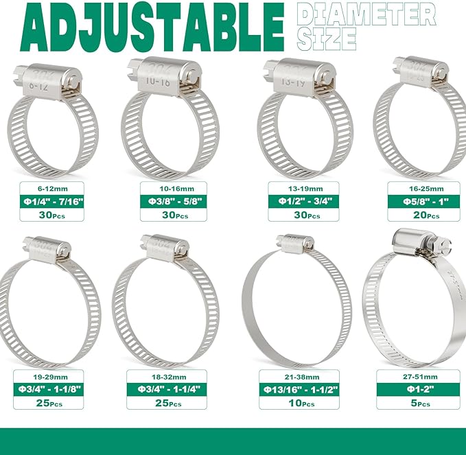 OURU 175PCS Hose Clamps Stainless Steel Assortment Adjustable 1/4"-2"(6-51mm) Worm Gear Hose Clamp, Heavy Duty Metal Small Hose Clamps for Automotive, Pipe, Radiator Plumbing, Fuel Line