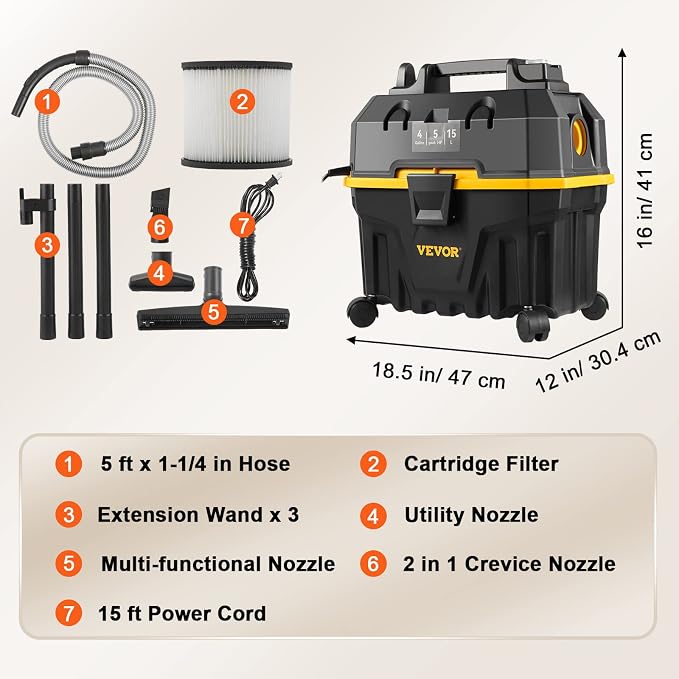 VEVOR Shop Vac Wet and Dry Vacuum Cleaner 4 Gallon 5 Peak HP - Powerful Suction with Blower Function & Attachments 3-in-1 Crevice Nozzle - Perfect for Car Carpet Debris Pet Hair Black/Yellow