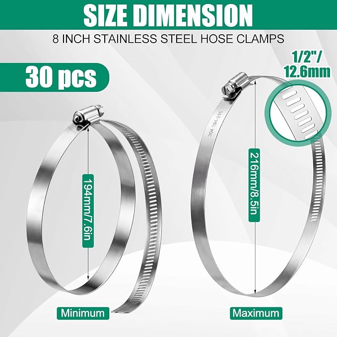 Zhengmy 30 Pack 8 Inch Stainless Steel Hose Clamps Adjustable 7-5/8" to 8-1/2" 194-216 mm Worm Gear Clamps Duct Clamp for Air Duct Automotive Fuel Dryer Vent Plumbing Industrial Use