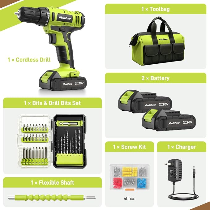 PULITUO 20V Max Cordless Drill/Driver Set with Storage Bag, 2 Batteries, 30Nm, 21+1 Torque, 2 Speed, Keyless 3/8" Chuck, LED Light, Electric Screwdriver Function, Home Kit (Green)