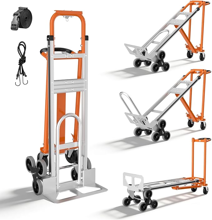 Aluminum 4 in 1 Convertible Hand Truck Dolly Cart with Wheels, 1000Lbs Capacity, Heavy Duty Stair Climbing Hand Trucks with Bungee Cord&Strap for Flat Ground & Stairs, Logistics, Home, Office, Orange