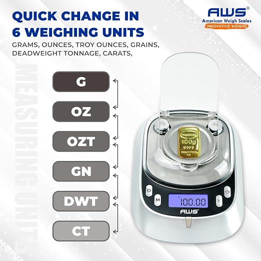 AWS Elite-100 Milligram Scale 100g x 0.001g–Digital Jewelry/Lab Scale for Powder, Gold, Gems – Includes Calibration Weights, Tweezers & Tray–Tare, Cal, 6 Units (Gemini Pro - 100g)