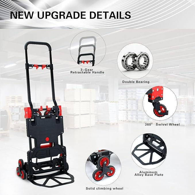 2 in 1 Folding Hand Truck Dolly,330LB Stair Climbing Dolly Cart with Wheels,Hand Truck Foldable with Telescoping Handle,Collapsible Hand Truck for Moving&Transportation(Red)