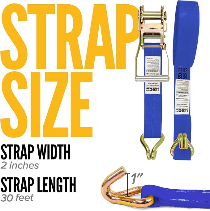 US Cargo Control Wire Hook Ratchet Straps 2 Inch x 30 Foot (4-Pack), 10,000 LBS Break Strength, Ratchet Straps Heavy Duty with Double J Hooks, Blue Cargo Tie Downs for Flatbed Trailers and Trucks