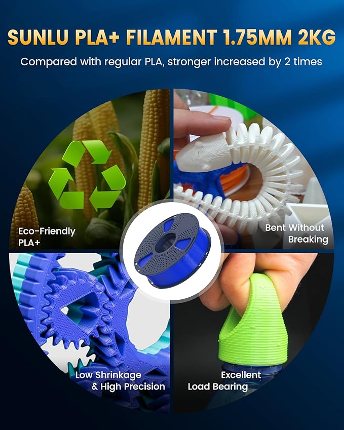 SUNLU PLA+2.0 3D Printer Filament 4KG, Upgrade PLA+ Filament 1.75mm, Tougher and Stronger, Dimensional Accuracy +/-0.02mm, 1KG per Spool, 4KG Total, Red+Klein Blue+Green+Yellow