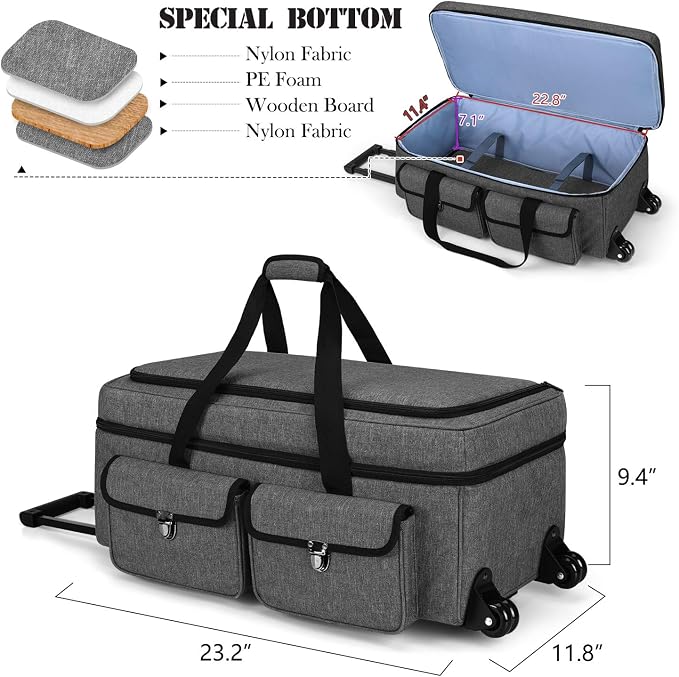 YARWO Rolling Craft Bag with Wheels Compatible for Cricut Explore 5/4/3, Maker 4/3, Cameo 5/4, Double Layers Die-cutting Machine Case with Multi Pockets for Craft Pen Sets, Cutting Mats&Supplies, Gray
