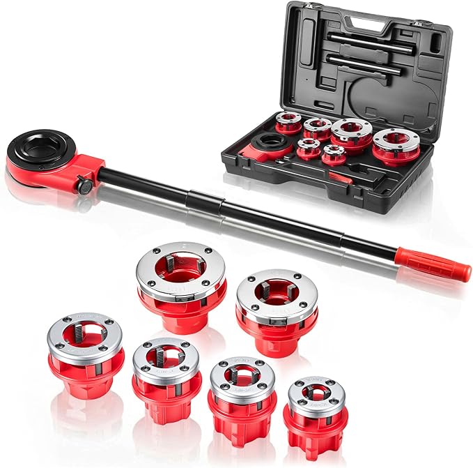 VEVOR Ratchet Pipe Threader Kit with 6 Dies, 1/2" NPT to 2" NPT Manual Ratcheting Pipe Threading Tool, Portable Pipes Threader Set with Toolbox for Plumbing Installation & Repair