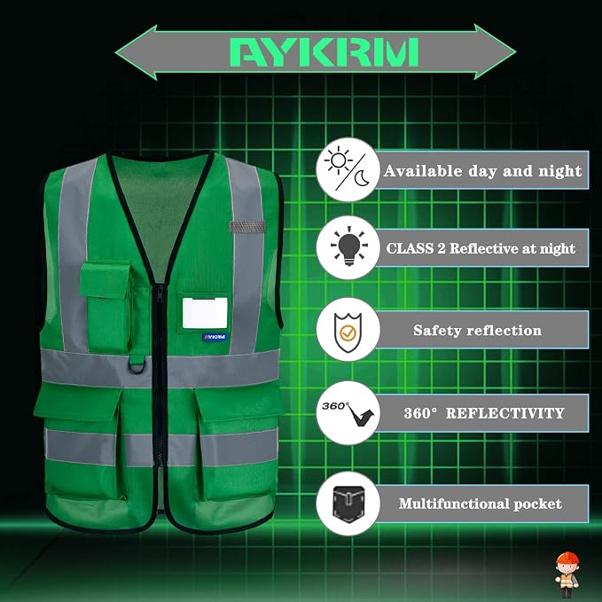 A-SAFETY 6XL 7XL 8XL plus size green safety vest big and tall | Green 6XL-8XL Polyester work vest with 7 pockets, reinforced zipper pockets and black front zipper for property inspection.
