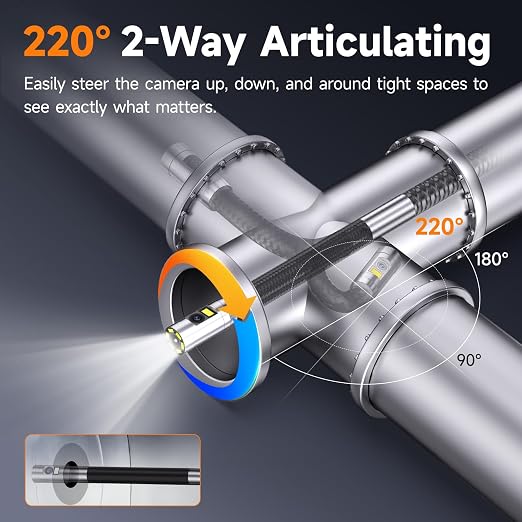 FOXWELL Elite Dual Lens 2-Way 220° Articulating Borescope, 0.25in Ultra-Slim Probe, HD IPS Display, IP67 Waterproof, Flexible Camera for Automotive, HVAC, Plumbing & Industrial Inspections 5.3FT