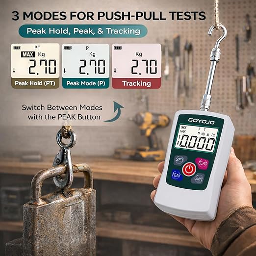 Digital Force Gauge High-Precision Push-Pull Meter for Tension & Compression Testing Units (N, kg, lb, oz) Real-Time/Peak/First Peak Modes Ideal for Quality Control & Material Testing 50N