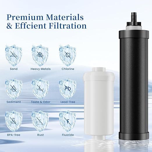 Gravity Water Filter System, 3.25G Stainless Steel Countertop System Water Purifier with Stand, Reduce 99% Chlorine for Home Camping Backpacking RVing, 3 Carbon and 3 Fluoride Filters