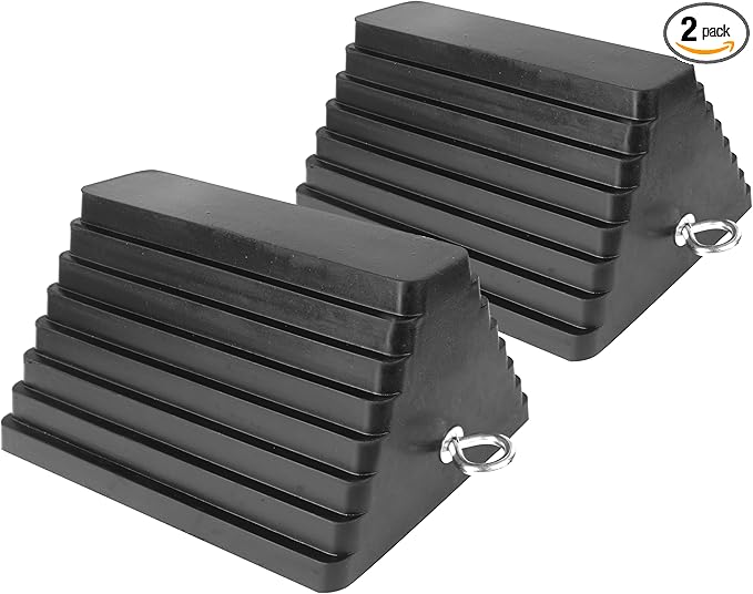 MaxxHaul Rubber Wheel Chock 2 Pack, Large 10" x 8" x 6" Heavy Duty Tire Stop with Non Slip All Weather Grip, Oil Resistant Rubber Block with Steel Eyebolt for Vehicle and Trailer Safety (80681)