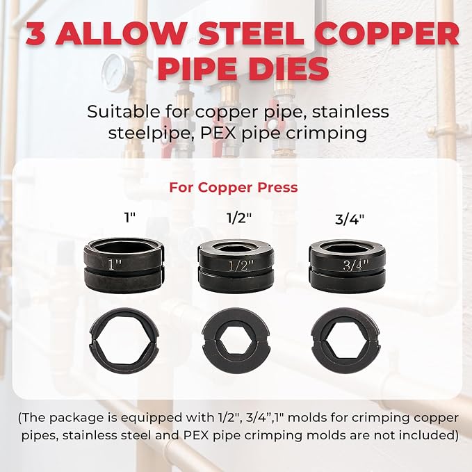 Copper Pipe Crimping Tool,Hydraulic Crimping Tool with 1/2", 3/4", 1" Jaws,Copper Tube Fittings Pipe Crimpers for Narrow Spaces and Tee Fittings
