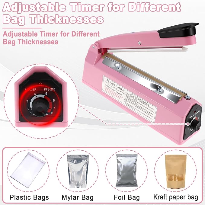 8 Inch Impulse Sealer, Manual Heat Sealer Machine for Mylar Bags, Shrink Wrap Bag Sealers Sealing Machine for Plastic PE PP Bags with 3 Free Replacements Kit Element Grip, Pink
