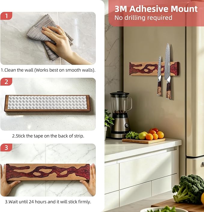 FINDKING Magnetic Knife Strip for Wall, Solid Acacia Wood with Deep Red Resin Inlay, Wall-Mounted Knife Holder with Strong Magnetic Hold, No-Drill Adhesive Mount (16 Inch)