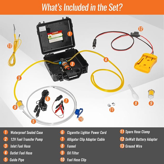 24V 85GPH Fuel Transfer Pump Set with Patented Pulley Lead Pipe & Battery Adapter, Compatible with DeWalt 20V Battery, for Vehicles, Boats (85GPH 24V, Pump with Yellow Adapter)