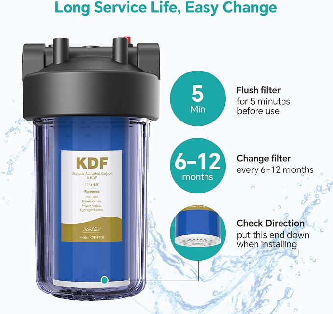 SimPure Whole House Water Filter Cartridges 10" x 4.5" GAC/KDF Carbon and Heavy Metal Filter, for DB10C-2KDF, DB10P, WGB21B-KS, FG15B-KS, GE FXHTC, GXWH40L, 6 Pack