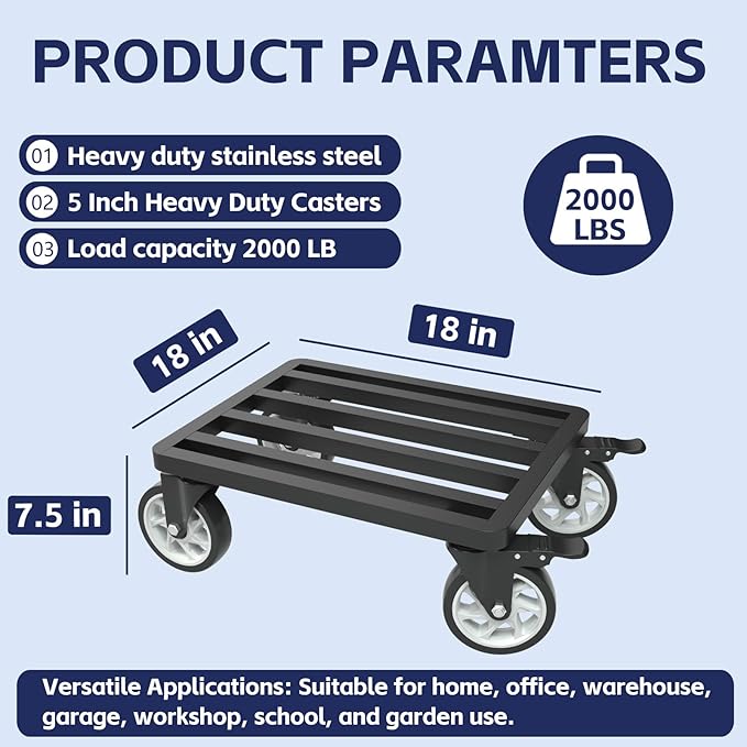 Heavy-Duty Stainless Steel Furniture Dolly 18'' x 18'' Inch, 2000LBS Capacity Moving Dolly with 5" Swivel Casters & Fastening Strap for Secure Moving of Furniture and Appliances
