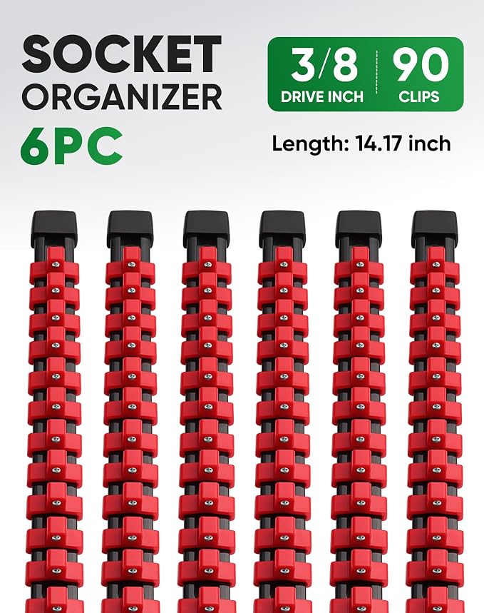 ALOANES 6PC ABS Socket Organizer, Socket Rails Fit 3/8 inch Drive | Portable Heavy Duty Socket Holders Hold up 90 Sockets for Toolbox Drawer Bags(Red)