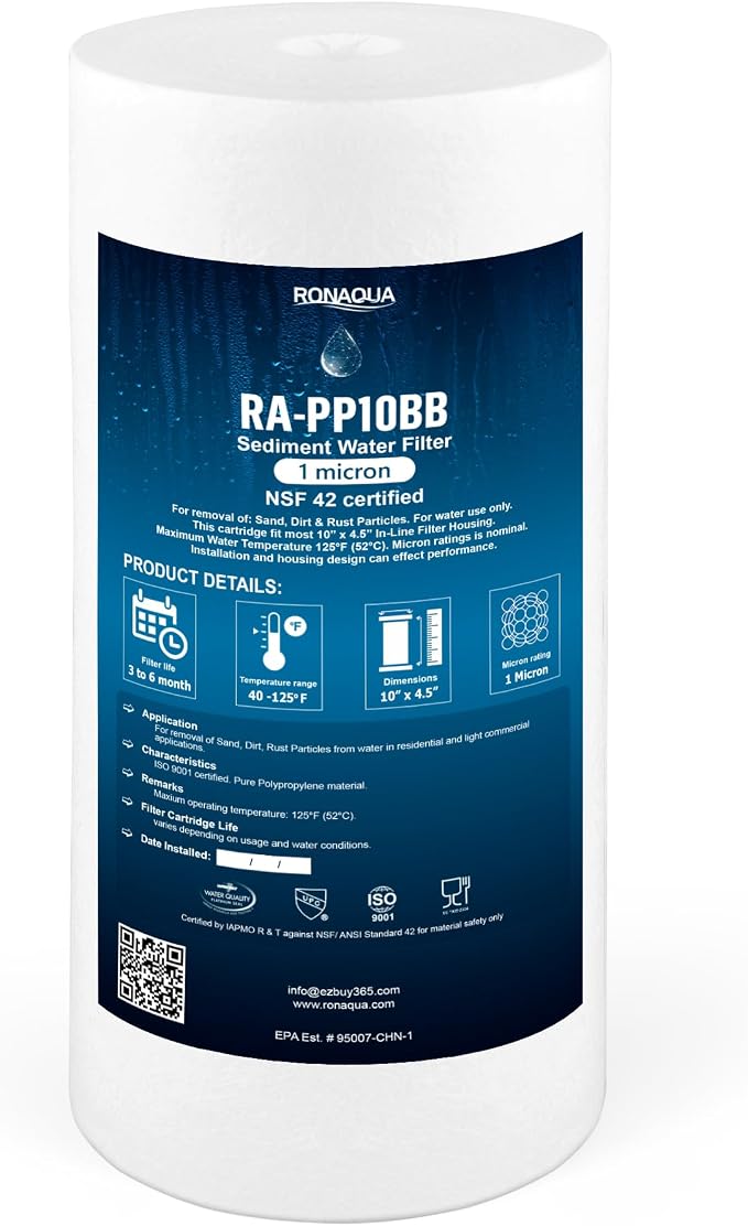 Ronaqua 10" x 4.5" Big Sediment Replacement Water Filter Cartridge, 1 Micron, NSF Certified, for Whole House, Compatible with RFC-BBSA, W15-PR, WFHD13001B, GXWH35F, HF45-10BLBK10PR and AP817