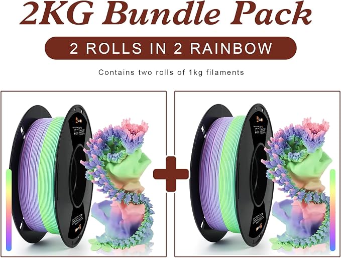 LOVOON 3D Printing Filament Bundle 2KG Matte Rainbow Gradient PLA Filament 1.75mm Color Changing Printer Filaments Multicolor Shift fit Most 3D Printers Pen Printer for Kids,1KG X 2 Spools