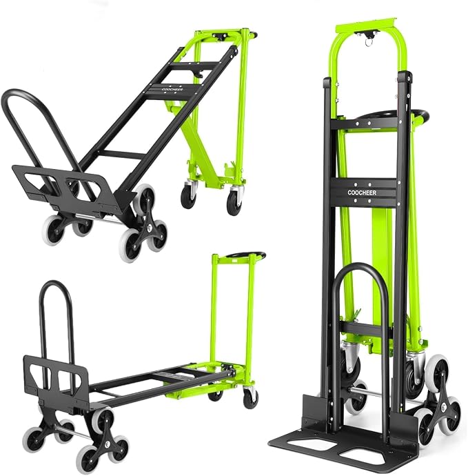 1000LBS Heavy Duty Aluminum Stair Climbing Dolly, 3 in 1 Convertible Hand Truck, Folding Hand Truck Dolly Cart with Solid Wheels for Moving/Travel/Office (Green)