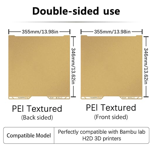 Same as OEM for Bambu H2D/H2S Textured PEI Plate with QR Code, 355x346mm Double Sided Flexible Spring Steel Magnetic Platform Print Bed PEI Sheet for Bambu Lab H2D/H2S 3D Printer(Gold)