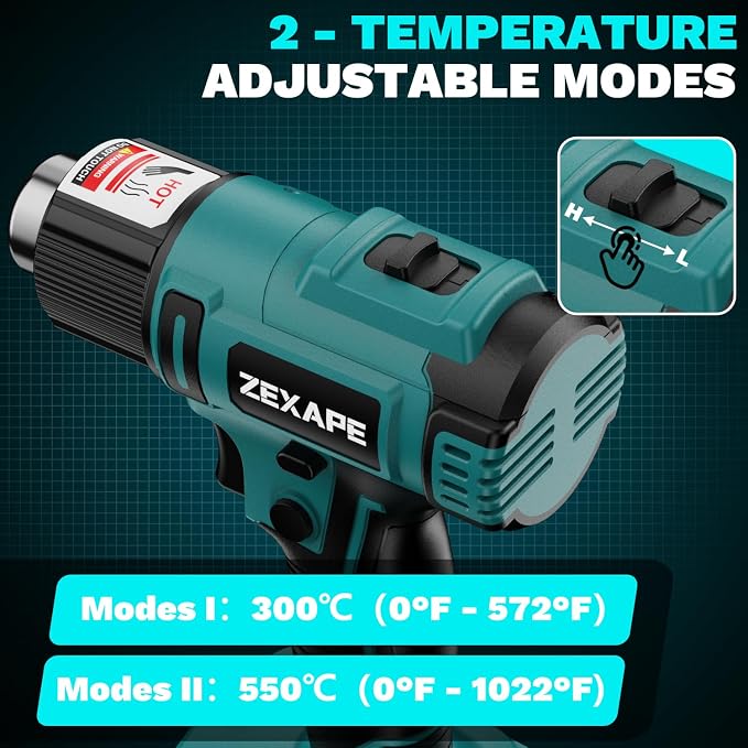 Cordless Heat Gun Compatible with 18V Battery, 350W Fast Heating Soldering Gun with LED Light, 122℉-1022℉ Variable Temperature with 5 Nozzles for DIY Craft, Shrink Tubing (Tool Only)